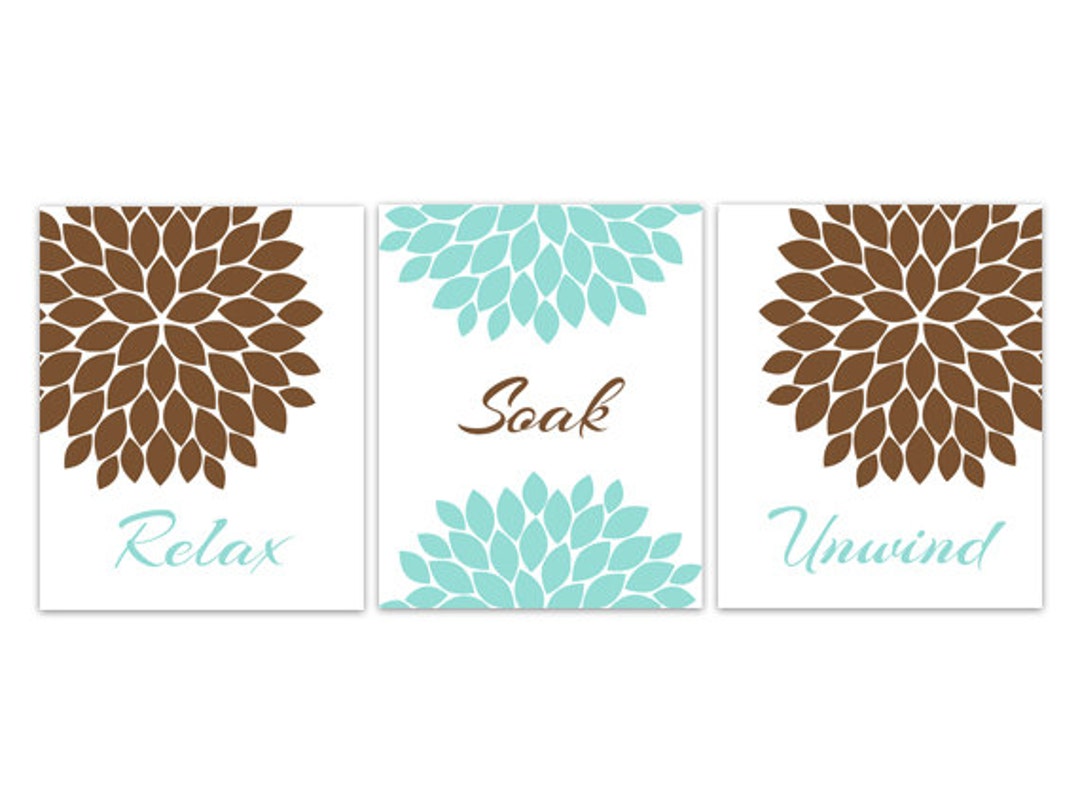 Floral CANVAS Bathroom Wall Art, Blue and Brown Bathroom Decor, Modern