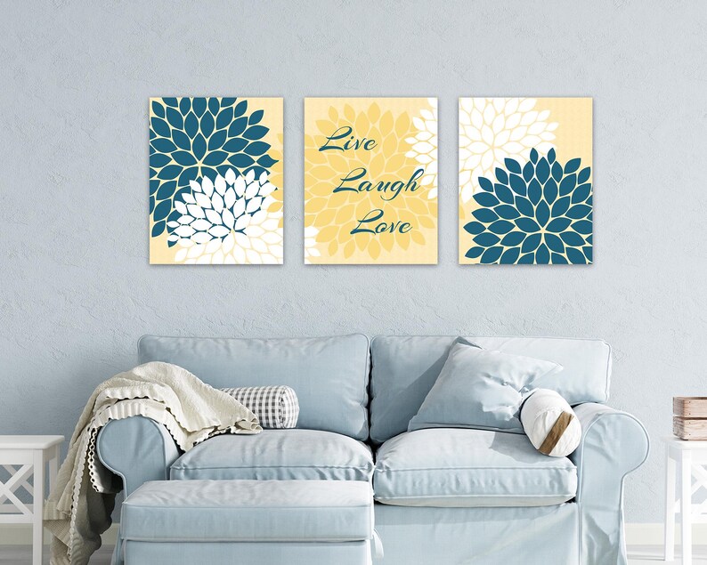 Home Decor Wall Art CANVAS, Live Laugh Love, Yellow and Blue Art, Flower Burst Bathroom Wall Decor, Blue and Yellow Bedroom Decor - HOME30 image 6
