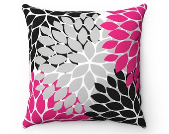 Throw Pillow Cover, Hot Pink and Black, Flower Burst Pillow Cover, Accent Pillow, Fuchsia Modern Home Decor, Fuchsia Pillow Cover - PIL55