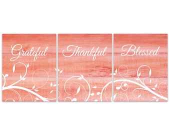 Grateful Thankful Blessed, Coral Home Decor Prints, Farmhouse Wall Art, Blessing Signs, Wedding Gift, Coral Kitchen CANVAS - HOME583