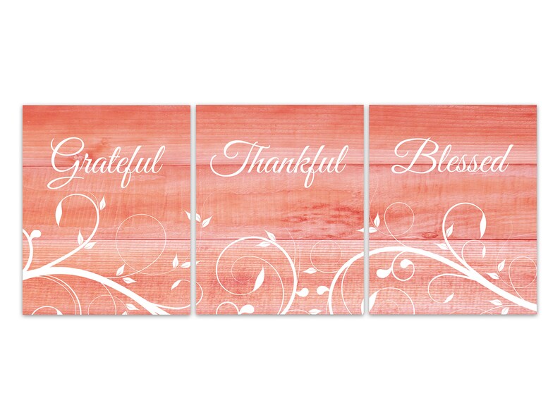 May include: Three wooden signs with a pink woodgrain background and white floral designs. The signs read "Grateful", "Thankful", and "Blessed".