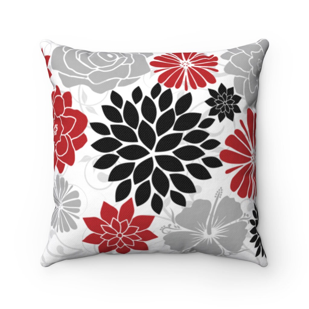 Red Black Gray Throw Pillow Red Accent Pillow Black and Red Floral Pillow Decorative Pillow Cover Floral Home Decor PIL268 Etsy UK