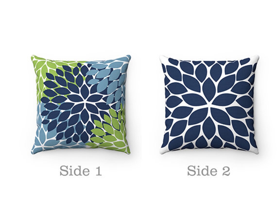 Green and Blue Throw Pillow Cover Green Pillow Blue Floral Etsy