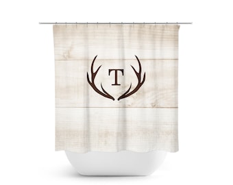Custom Monogram Shower Curtain, Hunting Lodge Decor, Deer Antler Bathtub Curtain, Woodland Bathroom, Brown Rustic Shower - SHOWER117