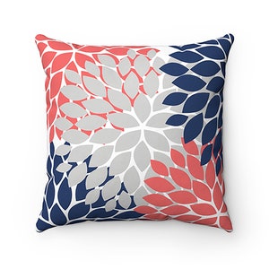 OUTDOOR PILLOW, Coral and Blue Floral Pillow, Outdoor Accent Pillow, Porch Pillow, Patio Pillow - OPIL42
