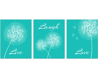 Turquoise Bedroom CANVAS Wall Art, Home Decor CANVAS, Live Laugh Love PRINTS, Aqua Wall Art, Dandelion Flower Bathroom Wall Decor - HOME169