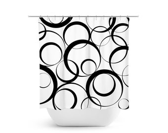 Black White Shower Curtain, Geometric Bath Curtain, Black Bathroom, Fabric Shower Curtain, Swirl Shower Curtain - SHOWER155