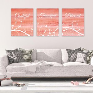 Grateful Thankful Blessed, Coral Home Decor Prints, Farmhouse Wall Art, Blessing Signs, Wedding Gift, Coral Kitchen CANVAS - HOME583 image 2