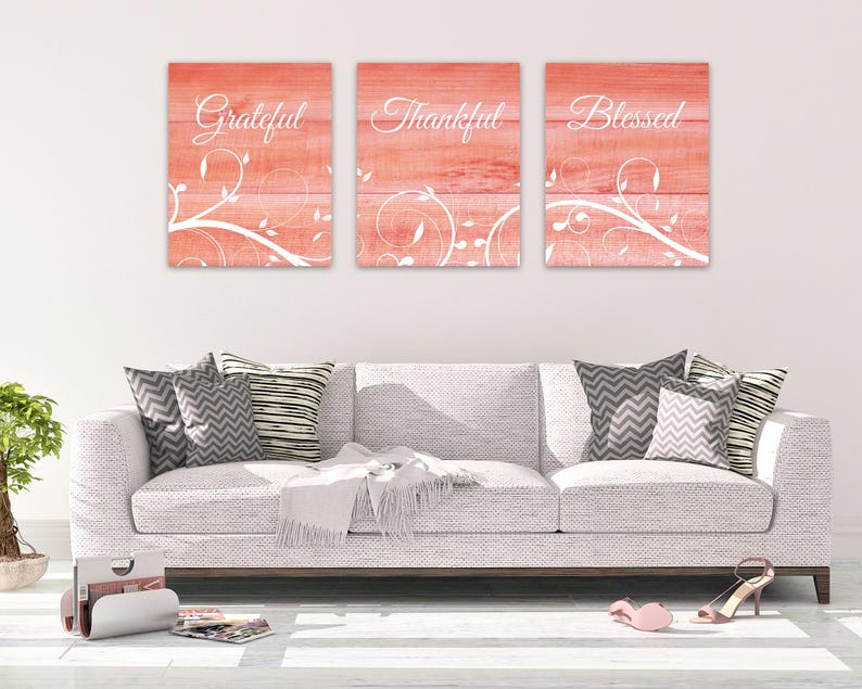 Grateful Thankful Blessed, Coral Home Decor Prints, Farmhouse Wall Art, Blessing Signs, Wedding Gift, Coral Kitchen CANVAS - HOME583 image 2