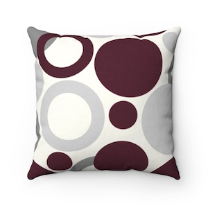 Geometric Pillow, Maroon, Gray and White Throw Pillow Cover, Geometric Circle Pillow, Polka Dot Decorative Pillow, Retro Home Decor - PIL201