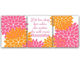 Nursery Wall Art, Orange and Pink Nursery CANVAS Print, Let Her Sleep, She Will Move Mountains, Kids Wall Art, Floral Nursery Art - KIDS84