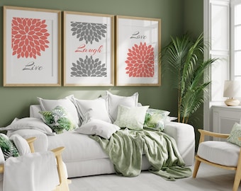 Home Decor CANVAS Wall Art, Live Laugh Love, Orange Wall Art, Flower Burst Bathroom Wall Decor, Coral and Grey Bedroom Wall Art - HOME62