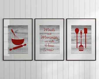 Kitchen Wall Decor CANVAS, Kitchen Signs, Rustic Kitchen Art, Dining Room Wall Art, Meals and Memories, Gray and Red Kitchen Decor - HOME214
