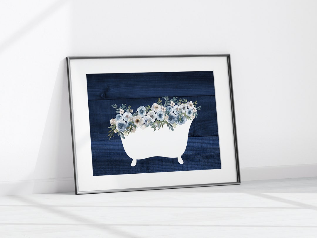 Navy Farmhouse Bathroom Canvas or Wall Art Print, Blue Bathroom Floral ...