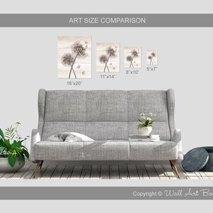May include: A comparison of different sizes of a wall art print featuring a watercolor painting of dandelion seeds blowing in the wind. The print is on a wood background. The sizes shown are 5x7 inches, 8x10 inches, 11x14 inches, and 16x20 inches.