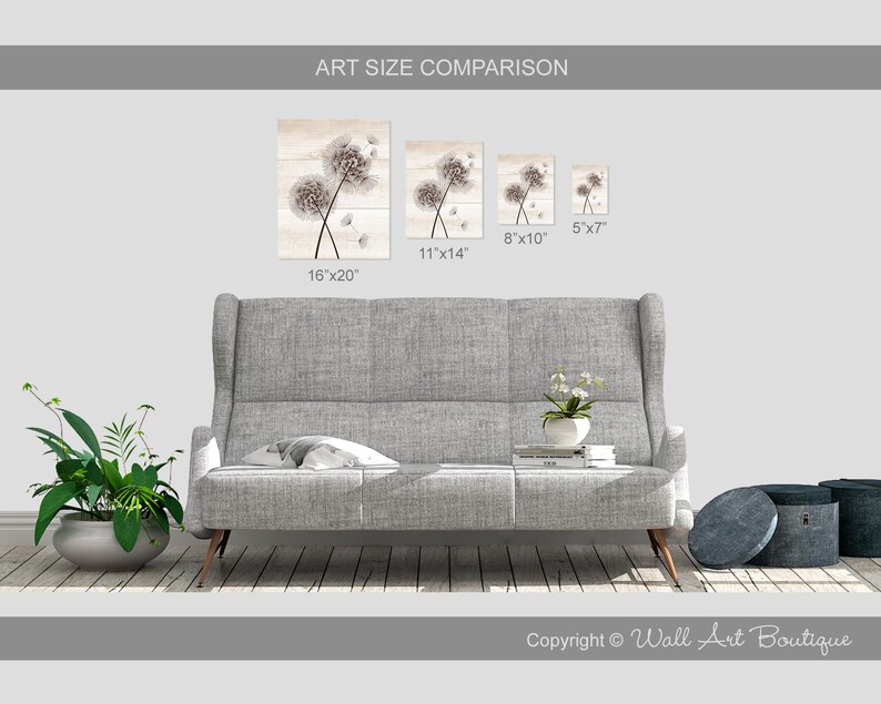 May include: A comparison of different sizes of a wall art print featuring a watercolor painting of dandelion seeds blowing in the wind. The print is on a wood background. The sizes shown are 5x7 inches, 8x10 inches, 11x14 inches, and 16x20 inches.