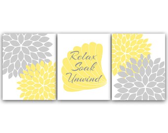 Bathroom Wall Art, Relax Soak Unwind CANVAS PRINTS, Yellow & Gray Bathroom Decor, Modern Bathroom Art, Set of 3 Bath Art Prints - BATH31