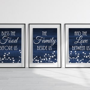 Bless The Food Before Us, Family Beside Us, Love Between Us, Family Blessing Signs, Rustic Home Decor, Navy Blue Kitchen Art - HOME425