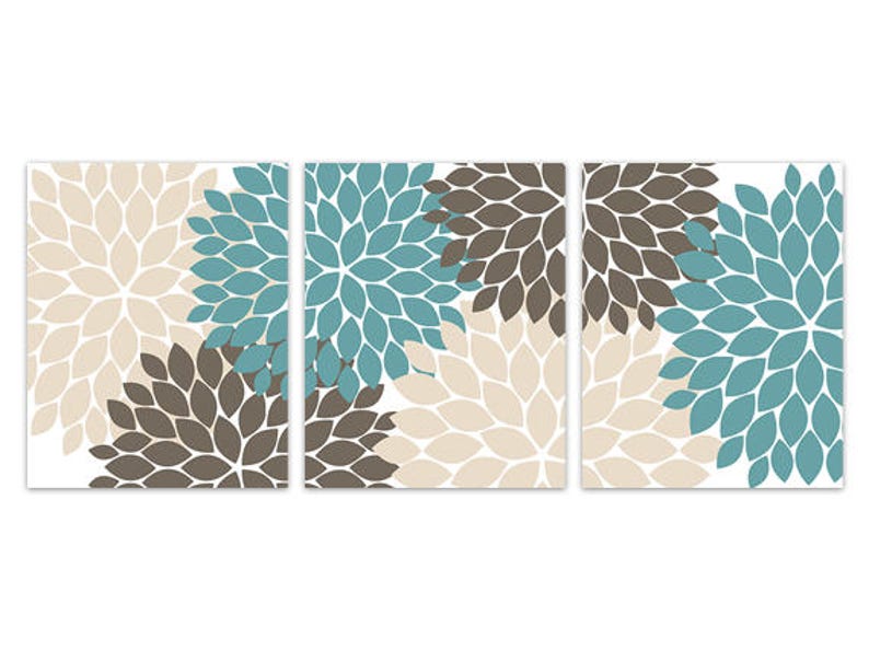 HOME219 Home Decor CANVAS Wall Art Brown Bathroom Wall Art CANVAS or PRINTS Teal and Beige Flower Burst Home Decor Teal Bedroom Decor