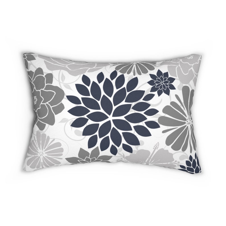 Blue and Gray Floral Lumbar Pillow Decorative Pillow Flower Etsy