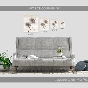 May include: A comparison of dandelion art prints in various sizes: 16x20 inches, 11x14 inches, 8x10 inches, and 5x7 inches. The prints feature sepia-toned dandelions on a light wood-grain background. The text "ART SIZE COMPARISON" is at the top.
