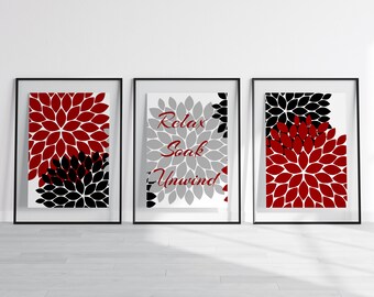 Framed Bathroom Art, Relax Soak Unwind CANVAS, Red Black and Gray Bathroom Decor, Modern Bathroom Art, Set of 3 Bath Art Prints - BATH61