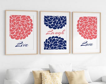 Home Decor Wall Art, Live Laugh Love, Coral Navy Wall Art, Flower Burst Bathroom Wall Decor, Coral and Navy Bedroom Decor - HOME111