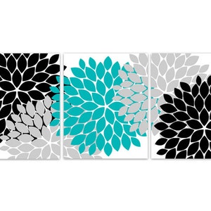 Home Decor Wall Art, Aqua Grey and Black Flower Burst CANVAS PRINTS, Bathroom Wall Decor, Teal Bedroom Decor, Nursery Wall Art - HOME98