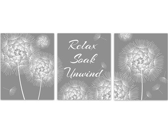 Grey Bathroom CANVAS Art, Relax Soak Unwind Bathroom Quote, Dandelion Wall Art, Dandelion Bathroom Decor, Set of 3 Bath Art Prints - BATH124