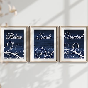 Navy Bathroom Decor, Relax Soak Unwind, Bathroom Art, Wood Effect Bath Art PRINTS or CANVAS, Set of 3 Rustic Bathroom Decor - BATH293
