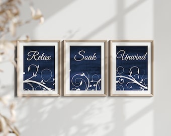 Navy Bathroom Decor, Relax Soak Unwind, Bathroom Art, Wood Effect Bath Art PRINTS or CANVAS, Set of 3 Rustic Bathroom Decor - BATH293