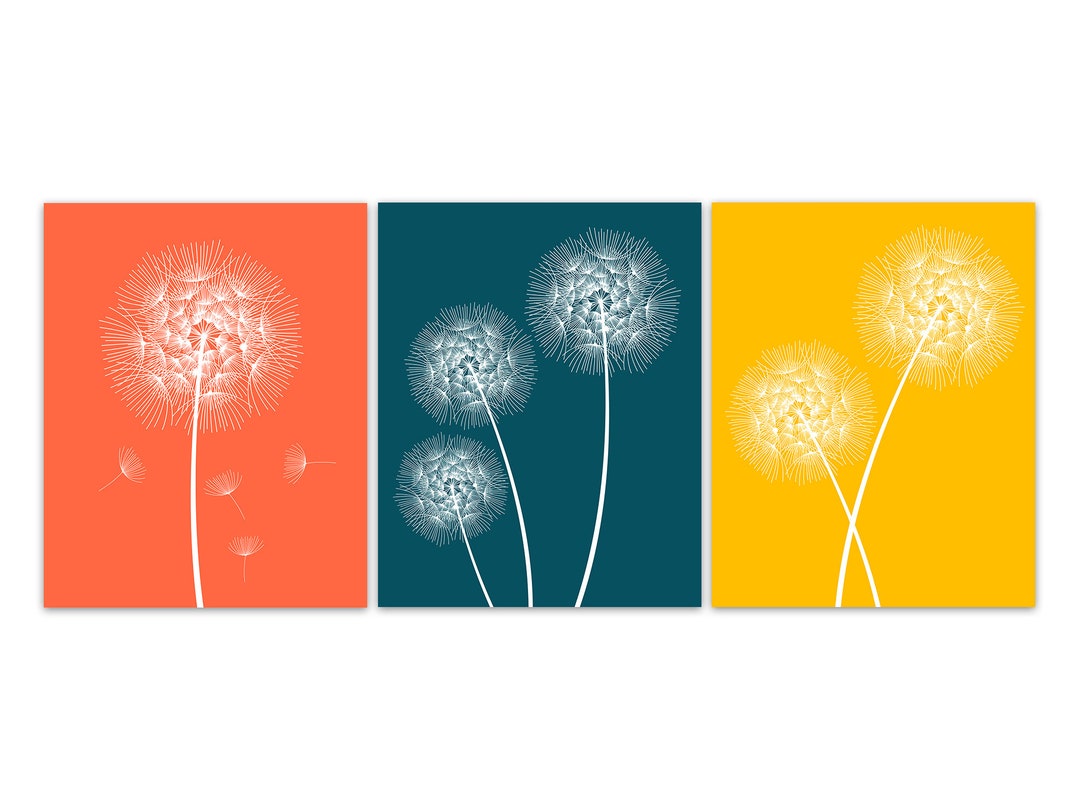 Set of 3 Dandelion Wall Art Prints or Canvas Orange Boho Wall Etsy