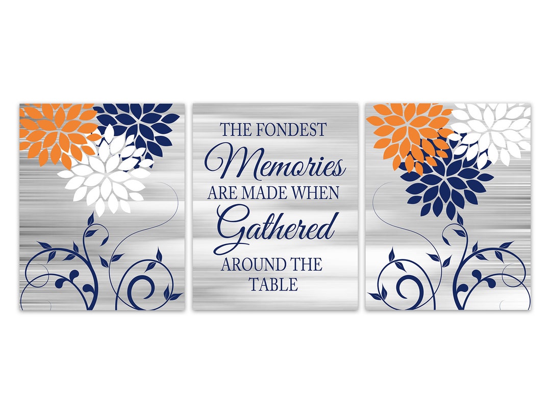 Orange Blue Wall Art Prints for Dining Room Decor, Set of 3 Floral