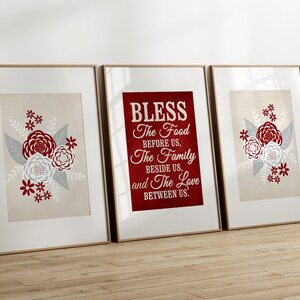 Red Kitchen Framed Art, Bless The Food Before Us, Family Beside Us, Love Between Us, Family Blessing Signs, Dining Room Wall Art - HOME1147