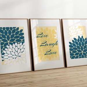 Home Decor Wall Art CANVAS, Live Laugh Love, Yellow and Blue Art, Flower Burst Bathroom Wall Decor, Blue and Yellow Bedroom Decor - HOME30 image 2