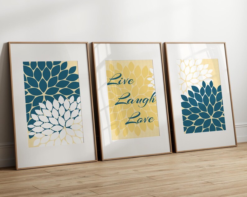Home Decor Wall Art CANVAS, Live Laugh Love, Yellow and Blue Art, Flower Burst Bathroom Wall Decor, Blue and Yellow Bedroom Decor - HOME30 image 2