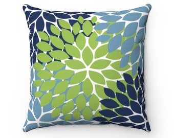 OUTDOOR PILLOW, Green and Blue Floral Pillow, Outdoor Accent Pillow, Porch Pillow, Patio Pillow - OPIL186