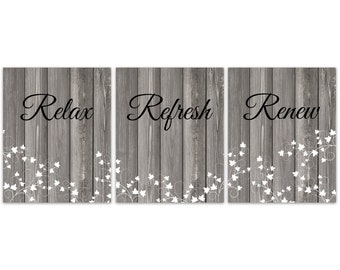 Relax Refresh Renew Bathroom Quote Art Prints, CANVAS, Farmhouse Bathroom Decor, Set of 3 Rustic Bathroom Wall Art, Guest Bathroom - BATH249