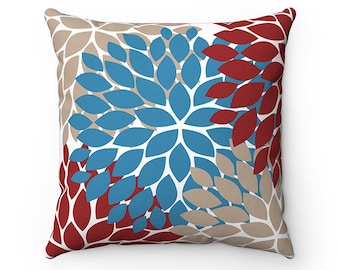 OUTDOOR PILLOW, Red Blue & Tan Floral Pillow, Outdoor Accent Pillow, Porch Pillow, Patio Pillow - OPIL93