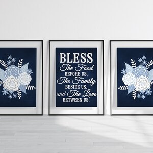 Bless The Food Before Us, Family Beside Us, Love Between Us, Family Blessing Signs, Blue Home Decor, Navy Blue Kitchen Art Prints - HOME1144