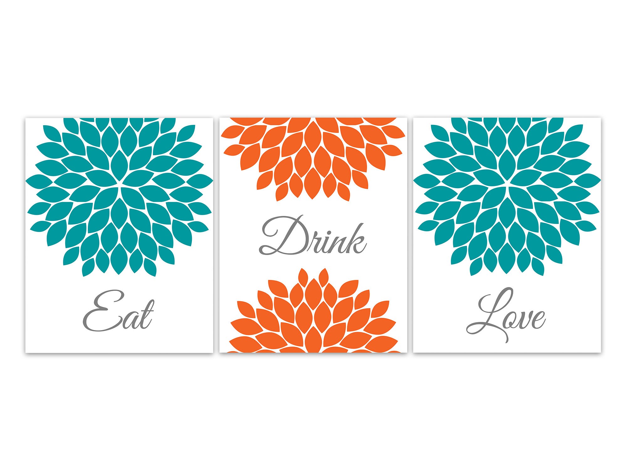 Eat Drink Love Floral Kitchen Art Orange And Teal Kitchen Decor