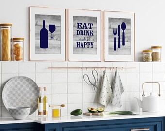 Rustic Kitchen Framed Art, Eat Drink and Be Happy Fork Spoon Wine Glass Art, Wood Effect Home Decor Wall Art, Blue Kitchen Decor - HOME149