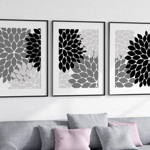 Black and White Abstract Flower Modern Wall Art, Set of 3 Gray and Black Botanical Prints, Multi-Panel Canvas Set - HOME722