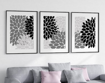 Arte de pared moderno con flores abstractas en blanco y negro. Juego de 3 impresiones botánicas en gris y negro. Lienzo multipanel - HOME722