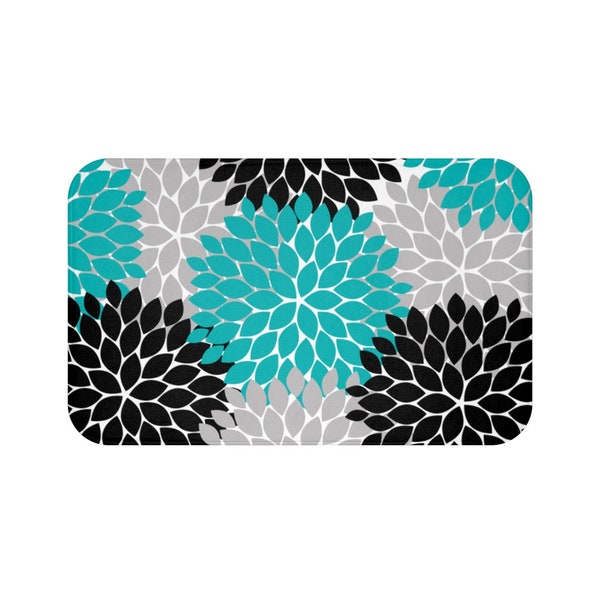 Teal Black Gray Bath Mat, Floral Floor Mat, Teal Bathroom, Memory Foam Floor Mat, Turquoise Bathroom, Kitchen Mat - MAT62