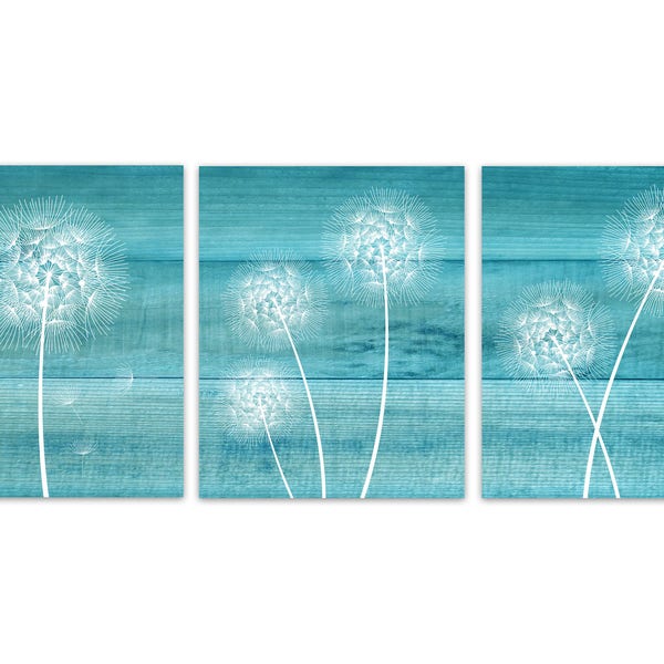 Dandelion Wall Art, Turquoise Rustic Decor, Home Decor CANVAS or PRINTS, Set of 3 Dandelion Art, Country Living Room Decor - HOME283