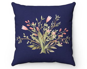 Navy Blue Floral Outdoor Pillow, Blue Green Pink Floral Pillow, OUTDOOR PILLOW, Porch Pillow, Patio Pillow - OPIL82