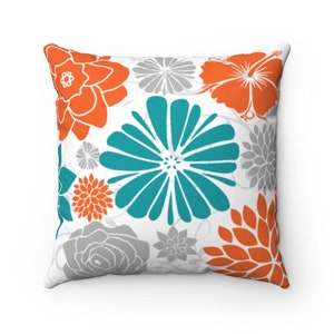 Orange and Teal Throw Pillow, Turquoise Pillow, Orange Gray Floral Accent Pillow, Decorative Pillow, Orange Turquoise Home Decor - PIL263