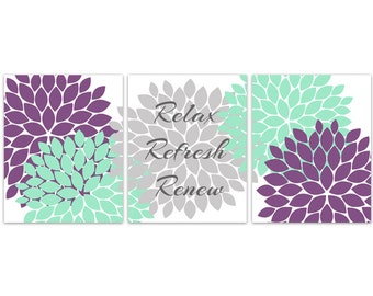 Bathroom Wall Art CANVAS, Relax Refresh Renew, Purple Aqua and Grey Bathroom Decor, Modern Bathroom Art, Set of 3 Bath Art Prints - BATH81