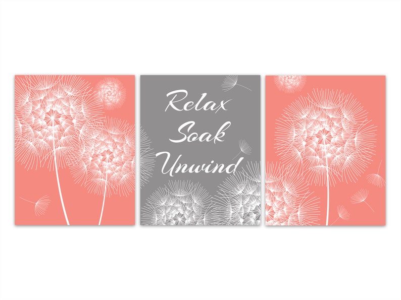 Coral and Gray Bathroom Wall Art Dandelion Bathroom Decor Etsy